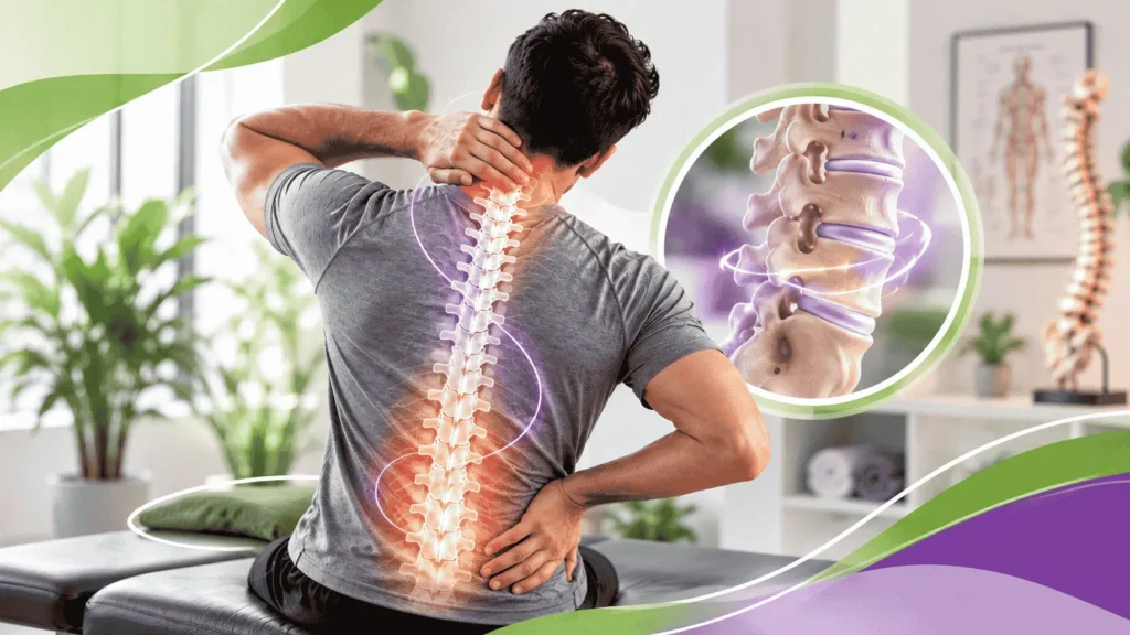 Man experiencing back and neck soreness after a chiropractic adjustment
